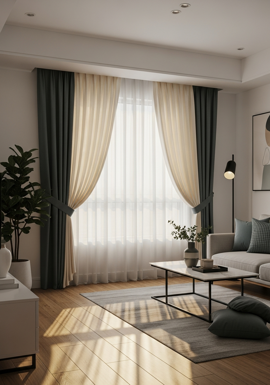 S-fold day and night curtain pair in HDB living room