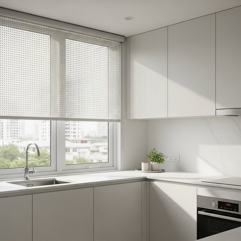 Roller sunscreen blind half-rolled in HDB kitchen window