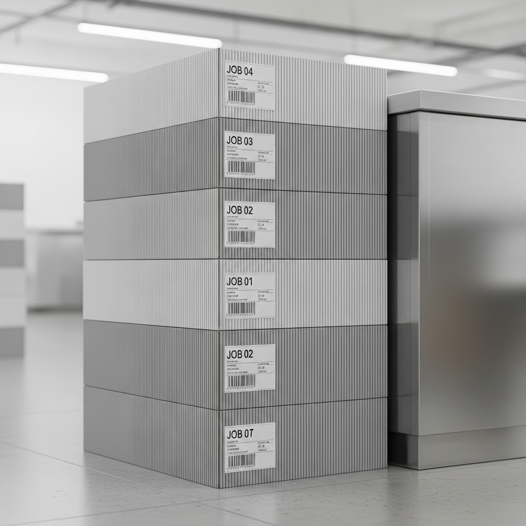 Stacked install boxes ready for delivery van