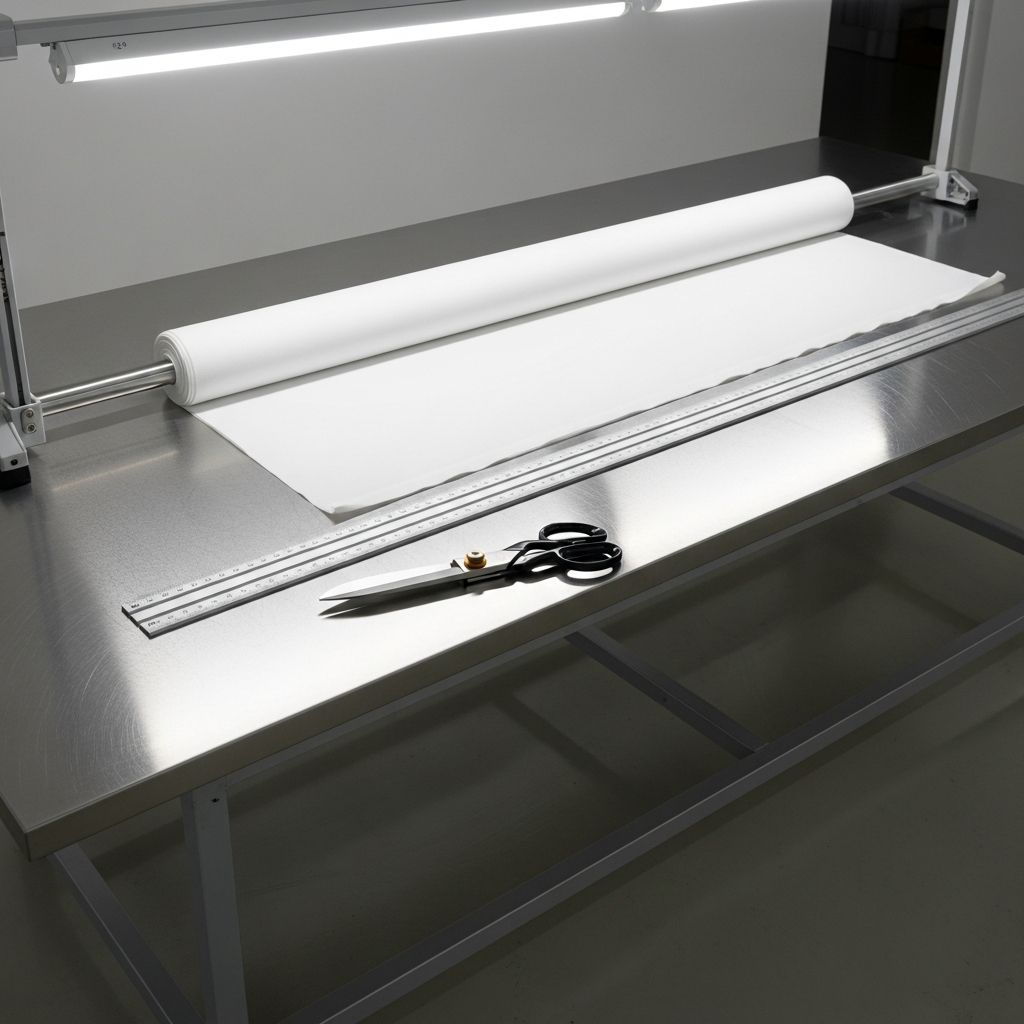 Cutting table with measured fabric and chalk markings