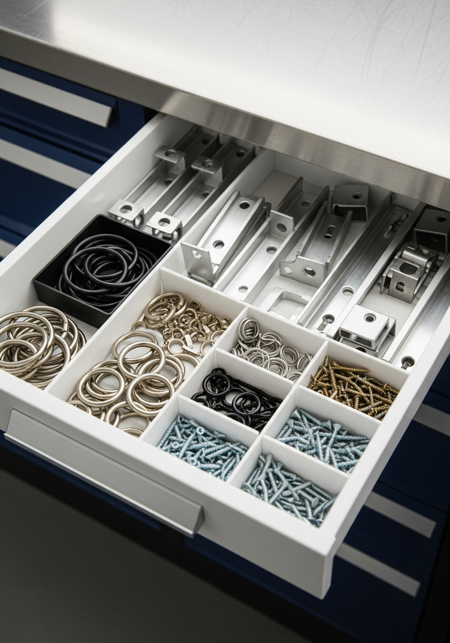 Hardware drawer with brass curtain rings, brackets and finials