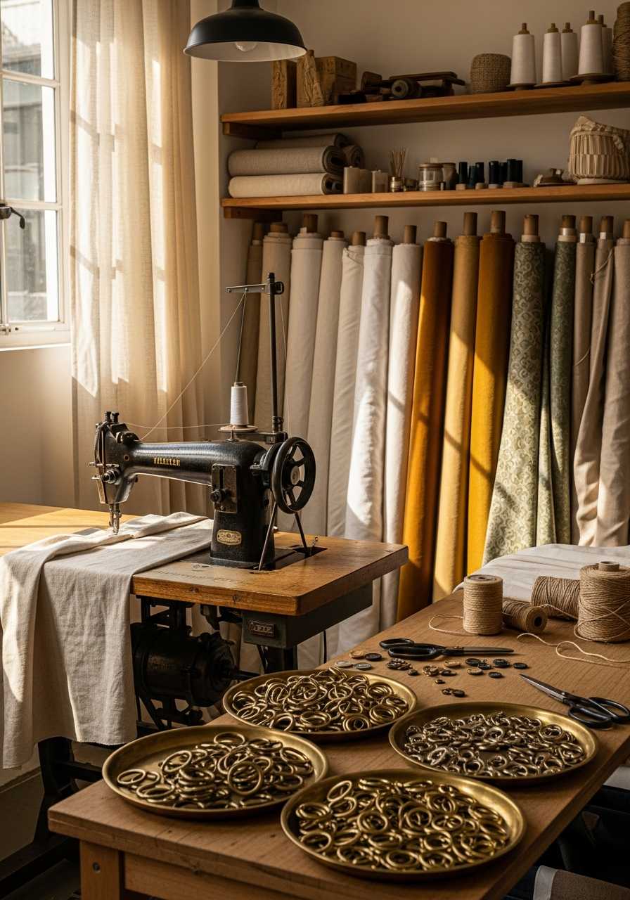The Playfair Road workshop, sewing machine in soft afternoon light