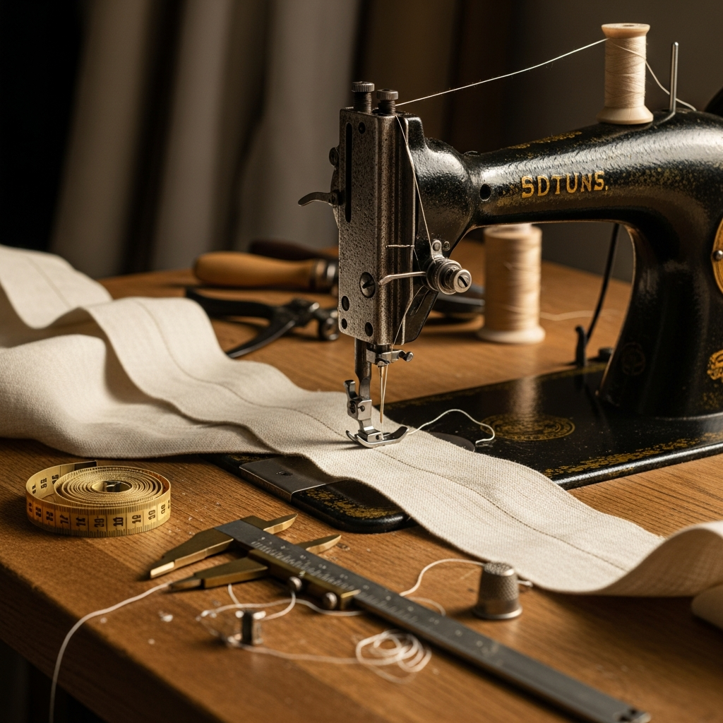 Vintage sewing machine stitching curtain fabric